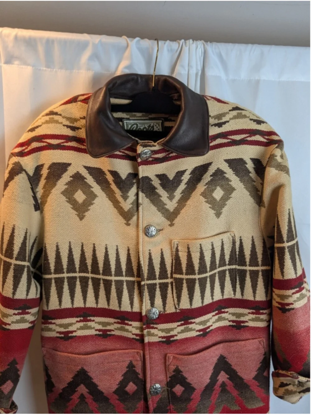 Vintage Roots Canada Navajo Blanket Chore Jacket Leather Collar Aztec Wool Blend